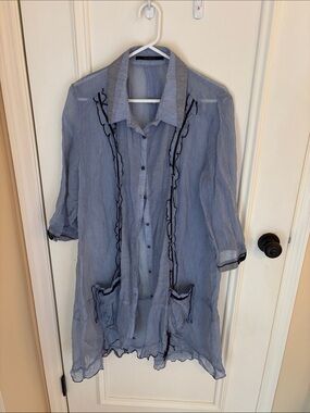 Animale Light Blue Sheer Button-Up Tunic with Ruffle Trim
